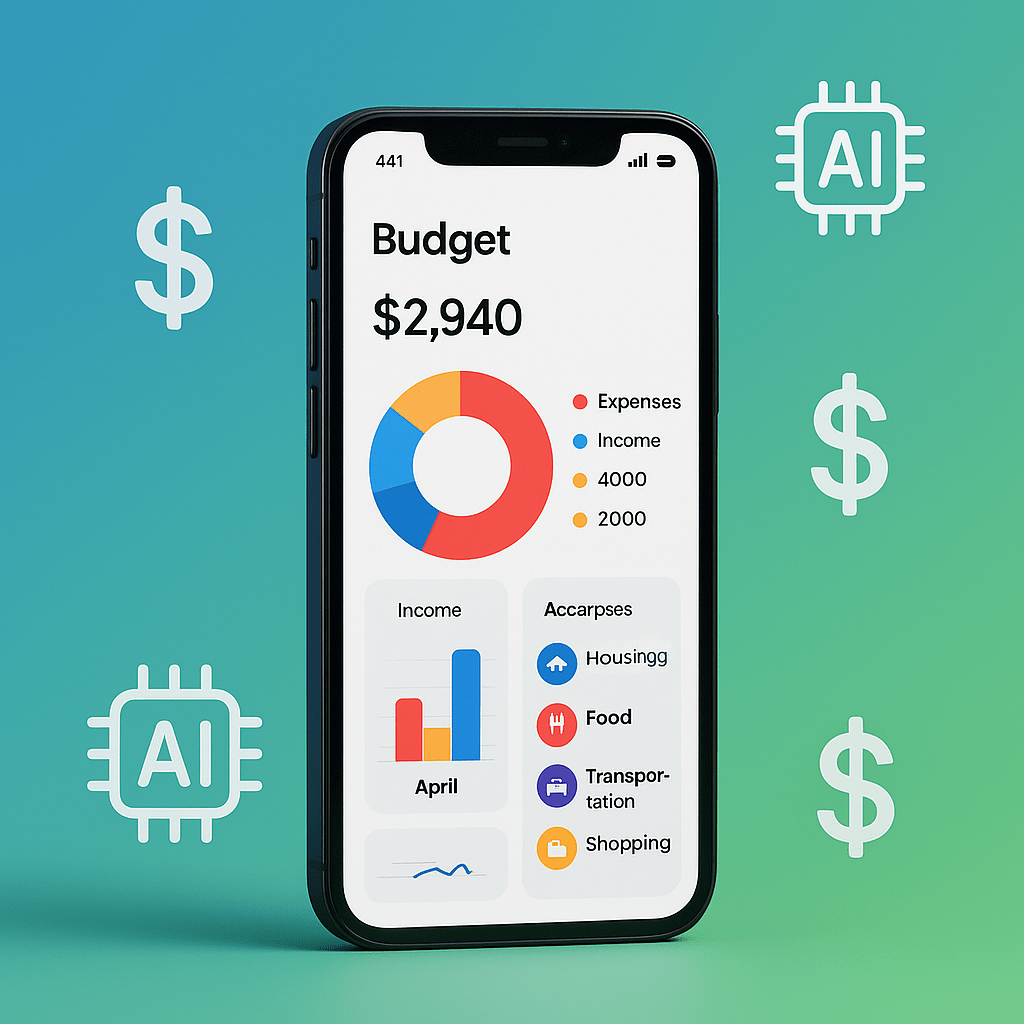 Smartphone showing an AI budgeting app dashboard with spending categories