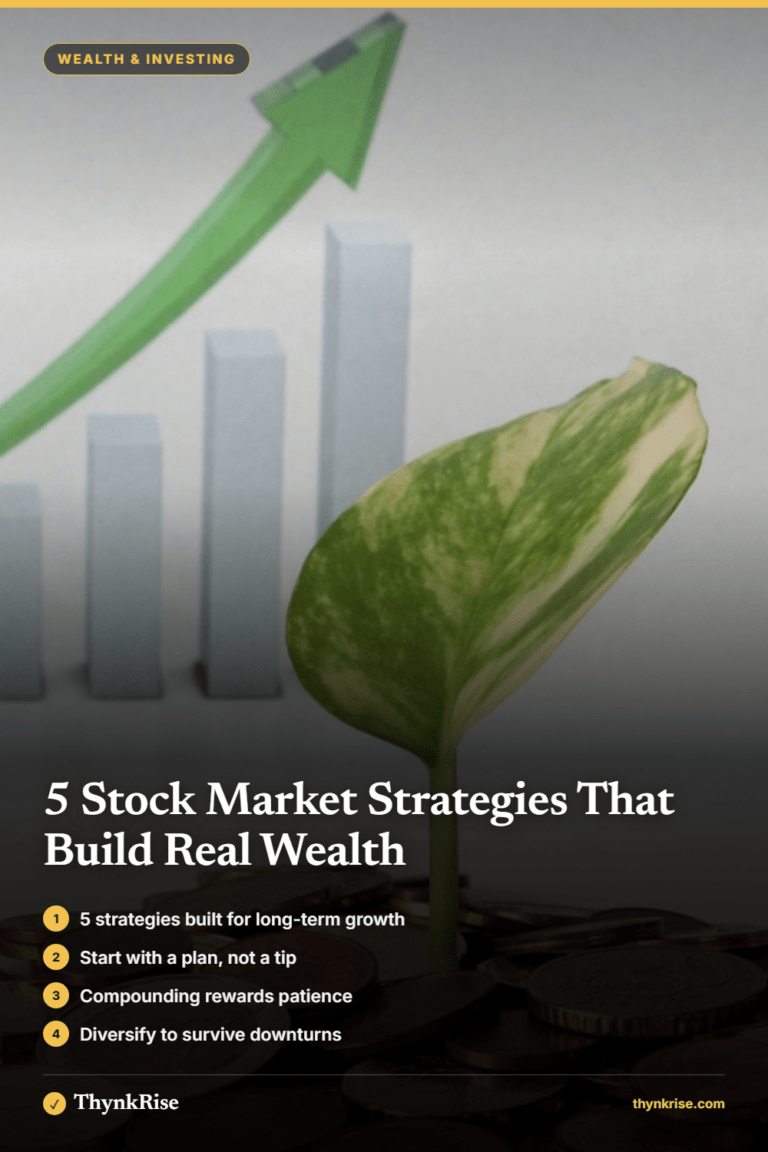 Featured graphic explaining five proven stock market strategies for long-term wealth growth